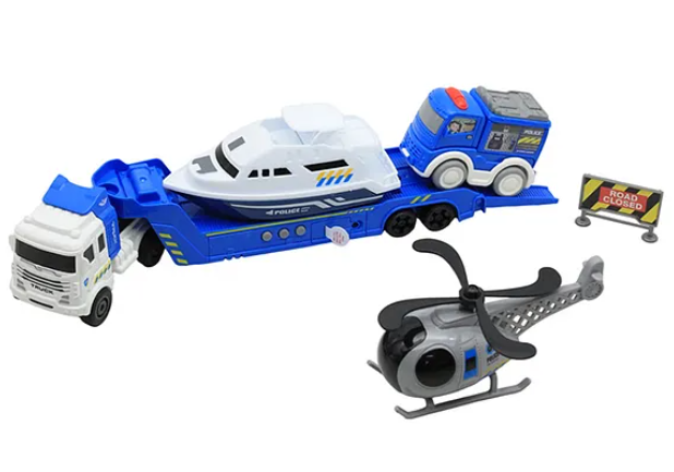 Die-cast Friction Powered City Police Transport Car Trailer Truck Toys For Kids With Helicopter, Rescue Boat And Police Transport Car - Multicolor