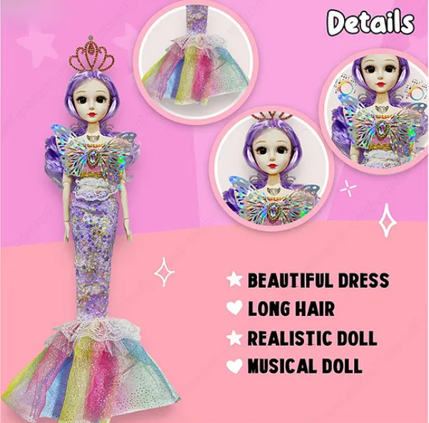 Musical Mariah Mermaid Fashion Doll Toys For Kids with 3D Eyes, Folding Pretend Play Gift for Girls Kids Role Play Toys (Pack of 1 Color & Design May Vary) - Height 35 cm