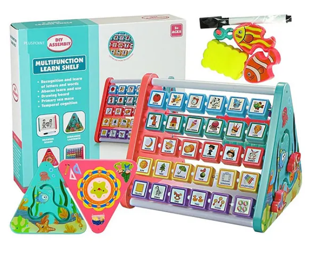 Multi Function Educational 5 Side Learning Shelf With Triangle Alphabet Blocks Abacus Clock for Kids - Multicolor