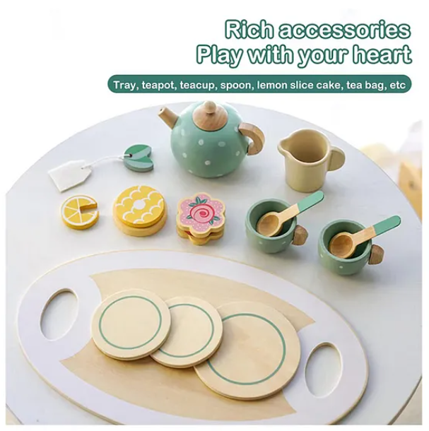 Wooden Toys For Kids Wooden Afternoon Play Tea Party Set Pretend Play Food Kids Toys 15 Pcs - Multicolor