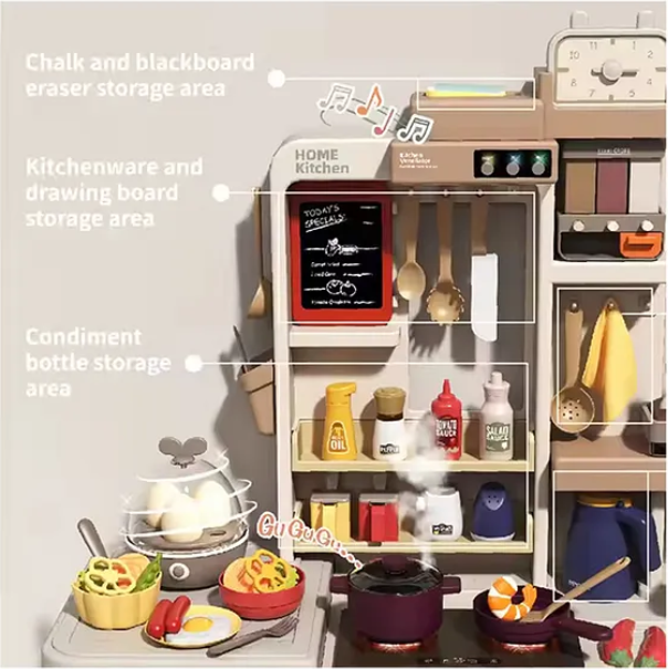 88 Pieces Modern Spray Kitchen Toys For Kids Pretend Play Spray Kitchen Playset Toy, Accessory Set with Real Sounds And Light, Play Sink, Cooking Stove With Steamer For Kids - Multicolor