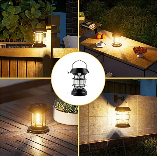 Solar Sensor & Rechargeable Camping Lantern Light Portable LED Light For Outdoor Hanging Tent Light Vintage Tabletop Decor Stepless Dimming Waterproof for Power Outages Indoor Use