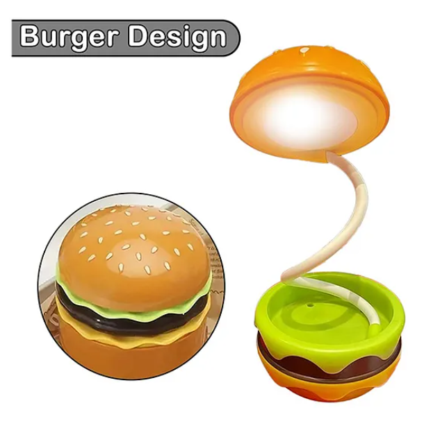 3 in 1 Burger Design Study Lamp USB Rechargeable LED Desk Lamp With Built-in-Battery 360 Degree Flexible Hose With Pencil Sharpener And Storage Table Night Lamp Burger Lamp With Sharpener - Multicolor