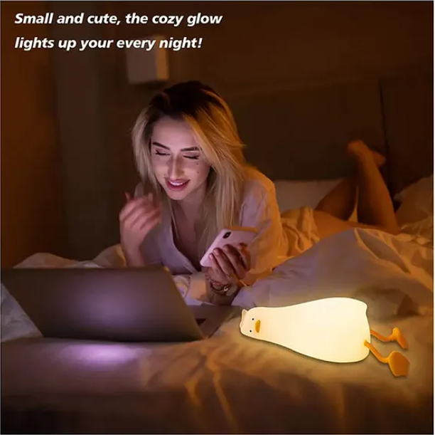 Cute Duck Silicone Night Light Squishy LED Animal Night Light Silicone Dimmable Timed Bedside Lamp Kawaii Light Up USB Rechargeable Lying Flat Duck Touch Light Night Lamp - Multicolor