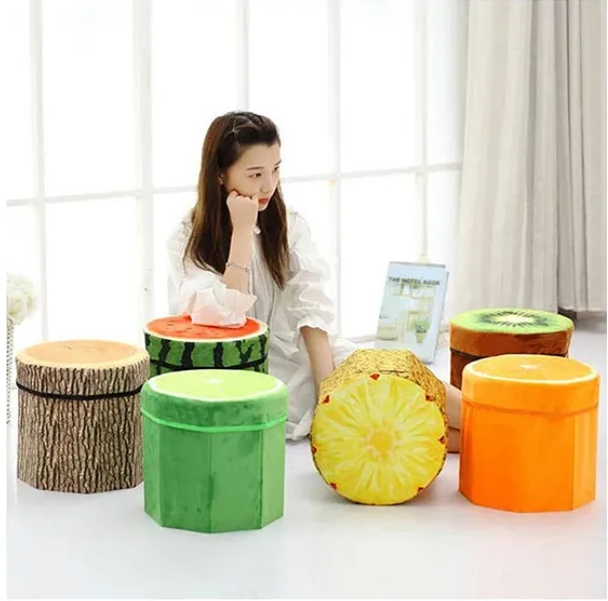 Fruit Folding Footstool Seat Storage Box Round Storage Chest Padded Box For Kids And Adults - Design May Vary - Multicolor