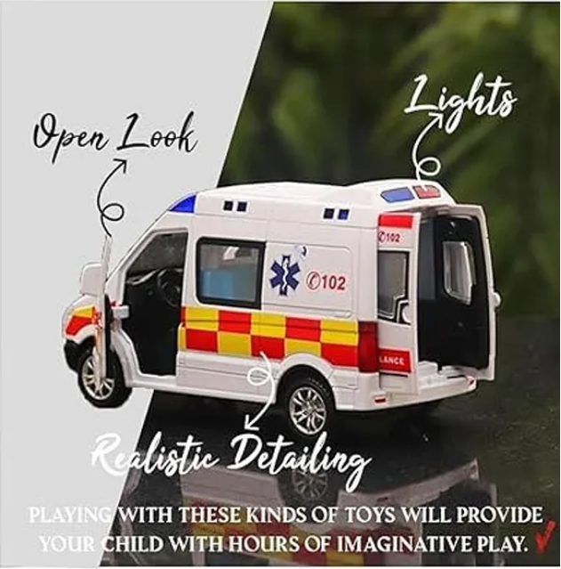 1:32 Scale Ambulance Car Toys Alloy Die-cast Friction Power Car With Openable Doors, Lights And Realistic Music (Pack of 1 Color May Vary)