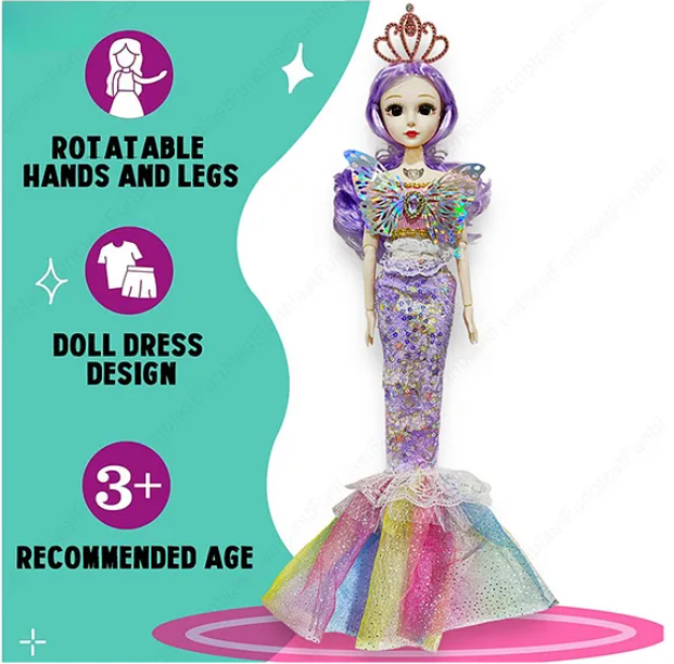 Musical Mariah Mermaid Fashion Doll Toys For Kids with 3D Eyes, Folding Pretend Play Gift for Girls Kids Role Play Toys (Pack of 1 Color & Design May Vary) - Height 35 cm