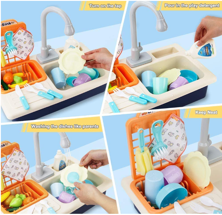 Kitchen Play Set With Automatic Water Cycle System Pretend Play Kitchen Play Sink Toys Set of 25 Pieces-Pink