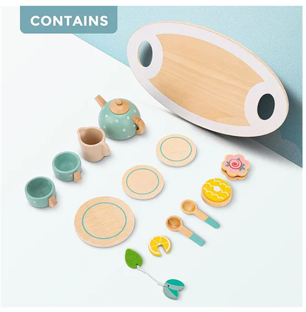 Wooden Toys For Kids Wooden Afternoon Play Tea Party Set Pretend Play Food Kids Toys 15 Pcs - Multicolor
