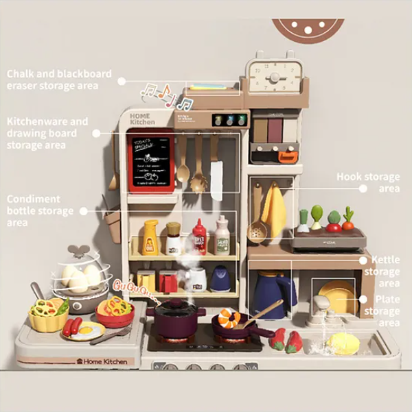 88 Pieces Modern Spray Kitchen Toys For Kids Pretend Play Spray Kitchen Playset Toy, Accessory Set with Real Sounds And Light, Play Sink, Cooking Stove With Steamer For Kids - Multicolor