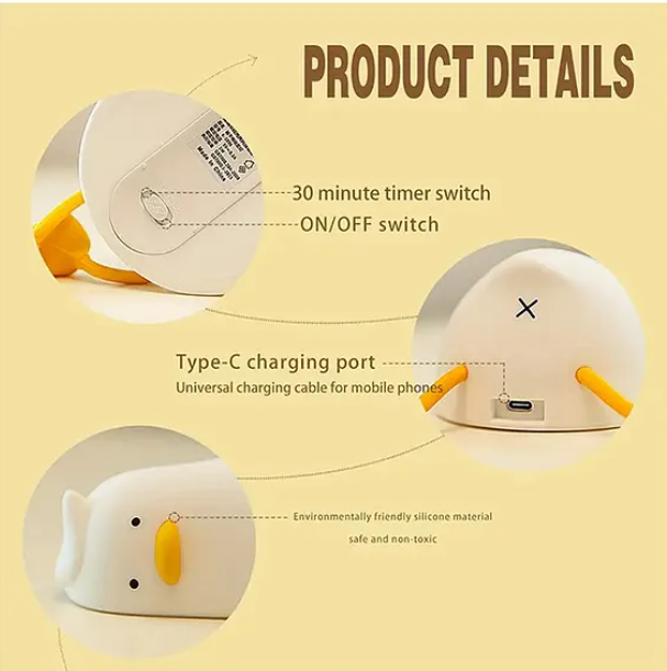 Cute Duck Silicone Night Light Squishy LED Animal Night Light Silicone Dimmable Timed Bedside Lamp Kawaii Light Up USB Rechargeable Lying Flat Duck Touch Light Night Lamp - Multicolor