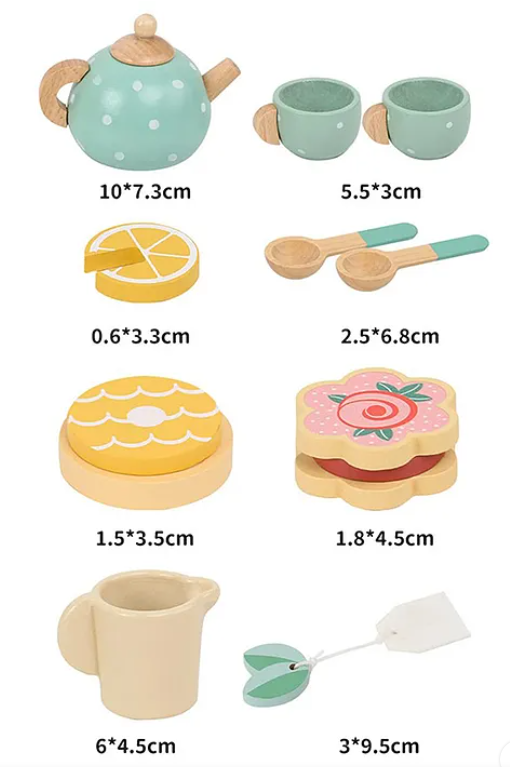 Wooden Toys For Kids Wooden Afternoon Play Tea Party Set Pretend Play Food Kids Toys 15 Pcs - Multicolor