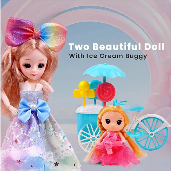 Missy & Sissy Pretend Character Playset Doll Toys For Kids With Ice Cream Buggy and 4 Desserts Gift Set Role Play Toy For Girls - Multicolor - Height 52 cm