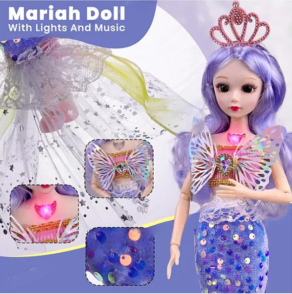 Musical Mariah Mermaid Fashion Doll Toys For Kids with 3D Eyes, Folding Pretend Play Gift for Girls Kids Role Play Toys (Pack of 1 Color & Design May Vary) - Height 35 cm