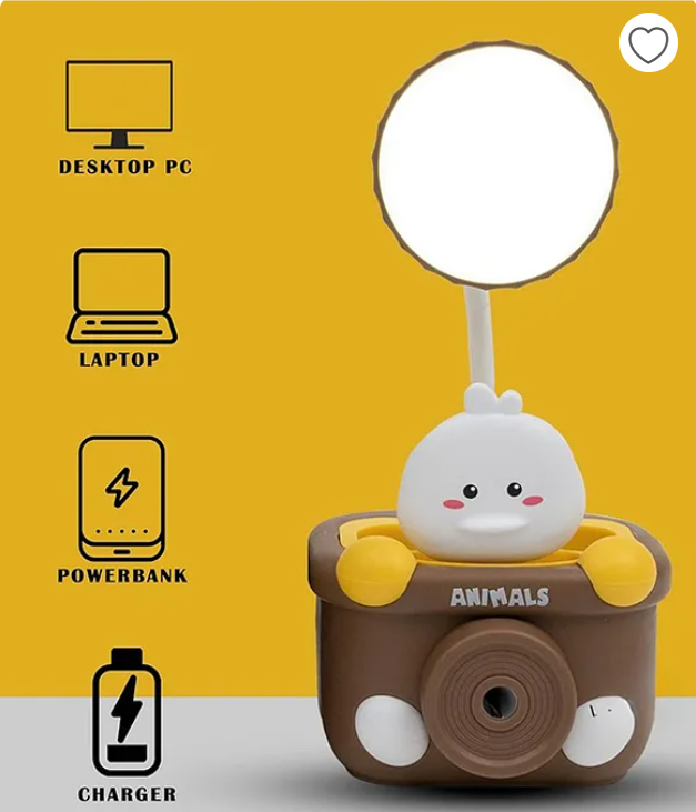 Study Lamp For Kids Cute Animal Design Rechargeable Desk Table Lamp 3 In 1 Study Desk LED Lamp With Pencil Sharpener And Pen Holder - (Pack of 1 - Design And Color May Vary)