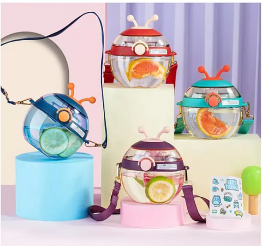 Cute Round Water Bottle, Soft Silicone Straw with DIY Stickers Beautiful Design, BPA-Free for Kids 450 ML Color May Vary