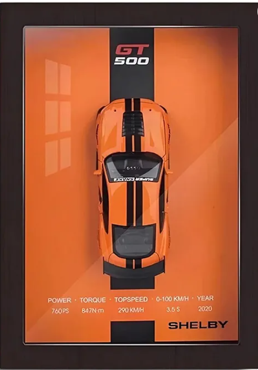 Shelby GT 500 3D Diecast Model Car Wall Frame With Lights, Music And Openable Doors Pull-Back Toys Interactive Wall Décor Collectible Car Premium Car Model Display - Multicolor