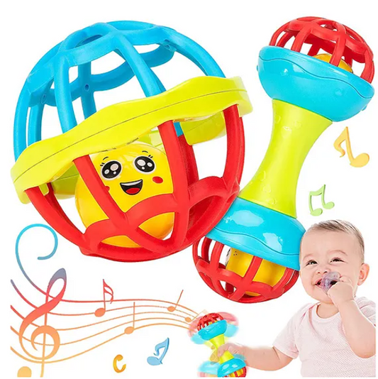 Ball And Dumbbell Rattle Teething Toy Set For New Born Babies Rattle Baby Toy Colorful Non-Toxic Rattle Bell Cartoon Toy Educational Toy For Baby Learning Toy For Kids Toddlers And New Born Babies (Pack of 2 Design And Color May Vary)