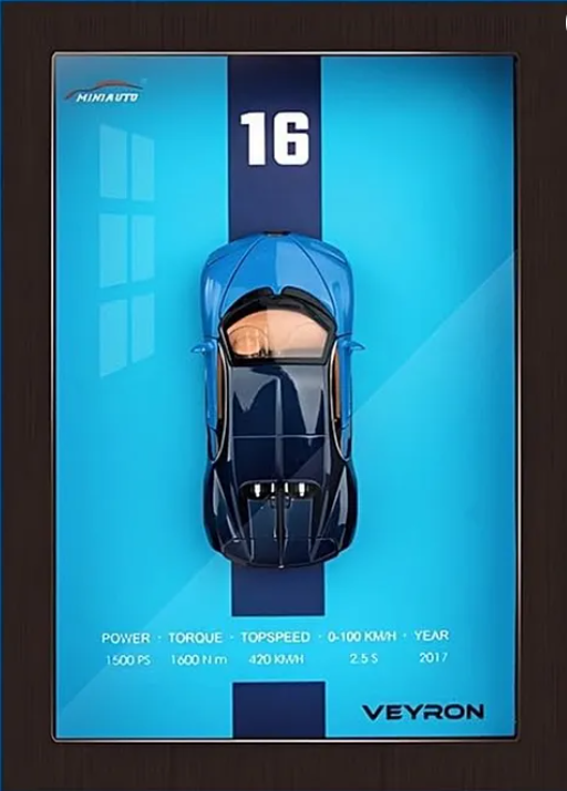 Bugatti Veyron 3D Diecast Model Car Wall Frame With Lights, Music And Openable Doors Pull-Back Toys Interactive Wall Décor Collectible Car Premium Car Model Display - Multicolor