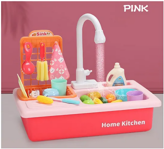 Kitchen Play Set With Automatic Water Cycle System Pretend Play Kitchen Play Sink Toys Set of 25 Pieces-Pink