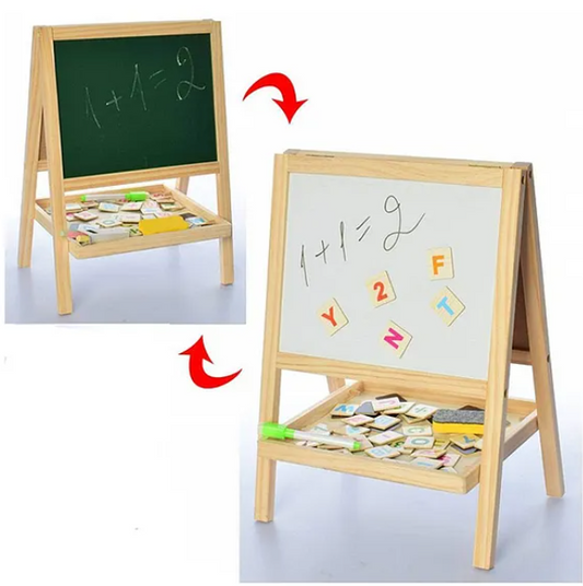 Wooden Magnetic Double-sided Small Drawing Board With Balck And White Board Adjustable Standing Easel Marker Duster Chalkbox Alphabets Number Set Wooden Toy Magnetic Toy Educational Toy For Kids - Multicolor