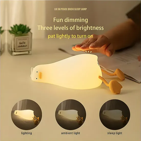 Cute Duck Silicone Night Light Squishy LED Animal Night Light Silicone Dimmable Timed Bedside Lamp Kawaii Light Up USB Rechargeable Lying Flat Duck Touch Light Night Lamp - Multicolor