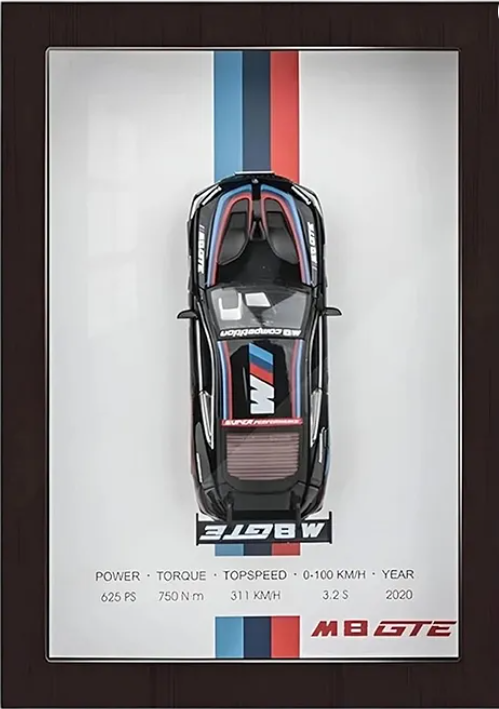BMW M8 GTE 3D Diecast Model Car Wall Frame With Lights, Music And Openable Doors Pull-Back Toys Interactive Wall Décor Collectible Car Premium Car Model Display - Multicolor