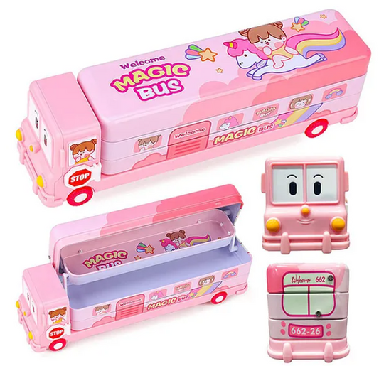 School Bus Shape Metal Pencil Box - Pink