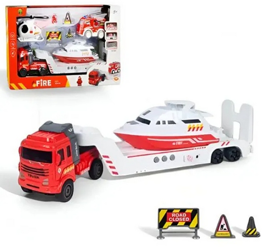 Die-cast Friction Powered City Rescue Fire Transport Car Trailer Truck Toys For Kids With Helicopter, Rescue Boat And Fire Transport Car - Multicolor
