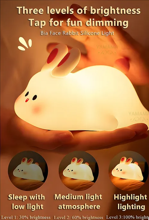 Big Face Rabbit Silicone Night Light Squishy LED Animal Night Light Silicone Dimmable Timed Bedside Lamp Kawaii Light Up USB Rechargeable Rabbit Touch Light Night Lamp Multicolor