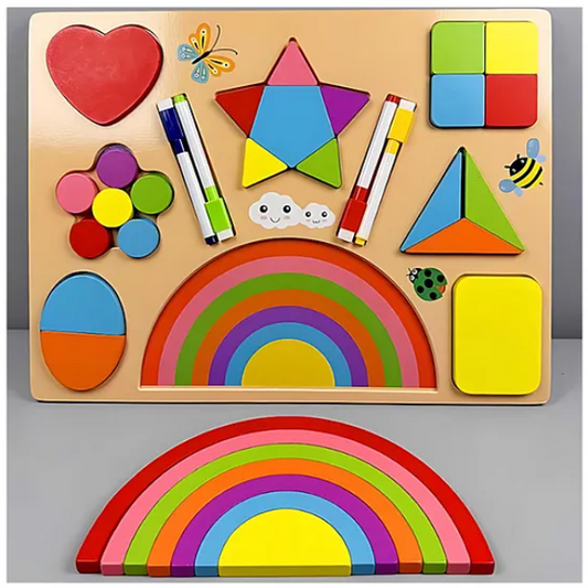 Colorful Wooden Shape Sorting and Puzzle Board with Rainbow Pieces and Markers, Multi color