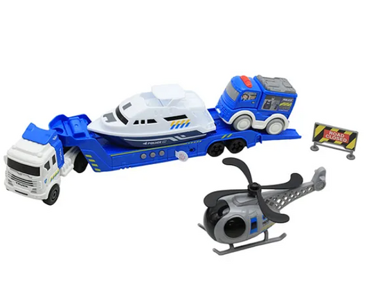 Die-cast Friction Powered City Police Transport Car Trailer Truck Toys For Kids With Helicopter, Rescue Boat And Police Transport Car - Multicolor