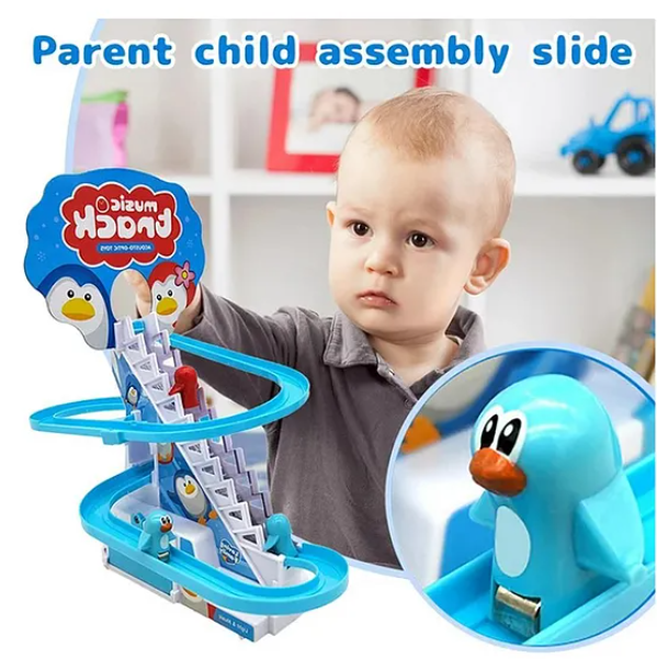 Happy Musical Penguin Track Slide And Climb Stairs Toys With 3 Penguins Multicolor