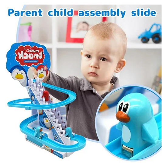 Happy Musical Penguin Track Slide And Climb Stairs Toys With 3 Penguins Multicolor