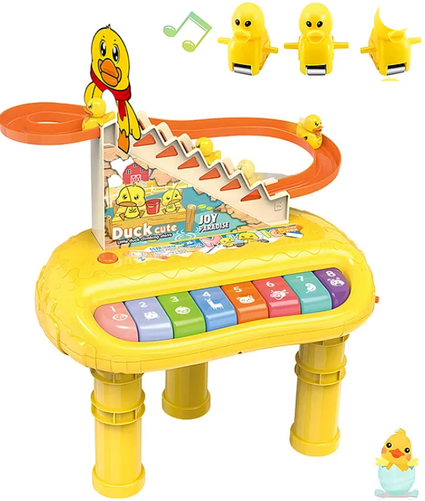 Musical Toys 2 In 1 Cute Duck Climbing Stairs With Piano Lights And Music Toys For Kids Musical Duck Track Slide and Climb Stairs Toys With 3 Ducks - Multicolor