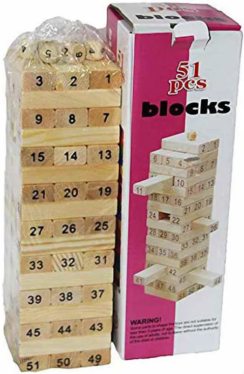 Wooden Building Block with Dice Brown - 51 pieces