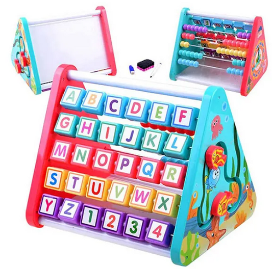Multi Function Educational 5 Side Learning Shelf With Triangle Alphabet Blocks Abacus Clock for Kids - Multicolor