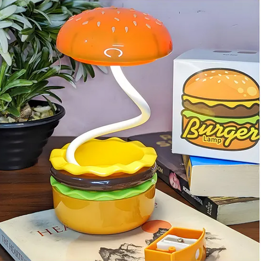 3 in 1 Burger Design Study Lamp USB Rechargeable LED Desk Lamp With Built-in-Battery 360 Degree Flexible Hose With Pencil Sharpener And Storage Table Night Lamp Burger Lamp With Sharpener - Multicolor