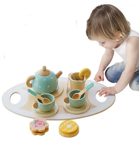 Wooden Toys For Kids Wooden Afternoon Play Tea Party Set Pretend Play Food Kids Toys 15 Pcs - Multicolor