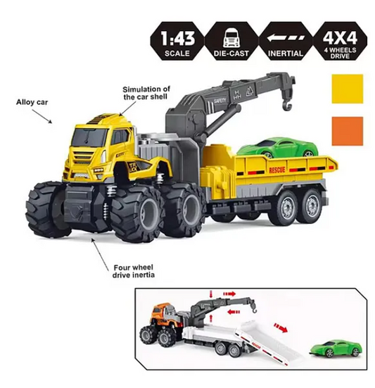1:43 Scale Alloy Die-cast Friction Powered Transport Car Trailer Truck Toys For Kids 4x4 Wheel Drive Road Truck (Pack of 1 Color May Vary)