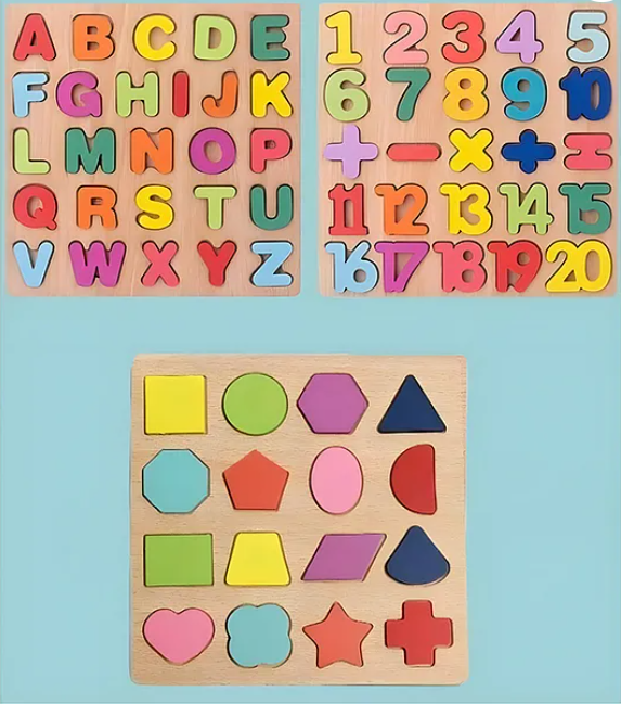Alphabet Numeric Geometric Shaped Wooden Puzzle Game Toy For Kids Baby Early Educational Children Montessori Board Puzzle Toy (Pack of 3 - Multicolor)