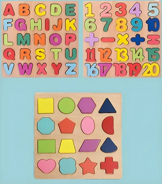 Alphabet Numeric Geometric Shaped Wooden Puzzle Game Toy For Kids Baby Early Educational Children Montessori Board Puzzle Toy (Pack of 3 - Multicolor)