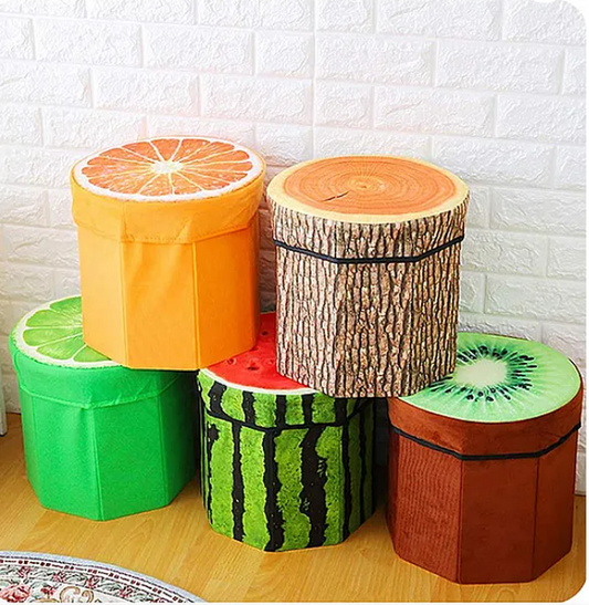 Fruit Folding Footstool Seat Storage Box Round Storage Chest Padded Box For Kids And Adults - Design May Vary - Multicolor