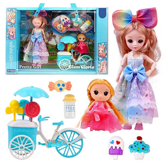 Missy & Sissy Pretend Character Playset Doll Toys For Kids With Ice Cream Buggy and 4 Desserts Gift Set Role Play Toy For Girls - Multicolor - Height 52 cm