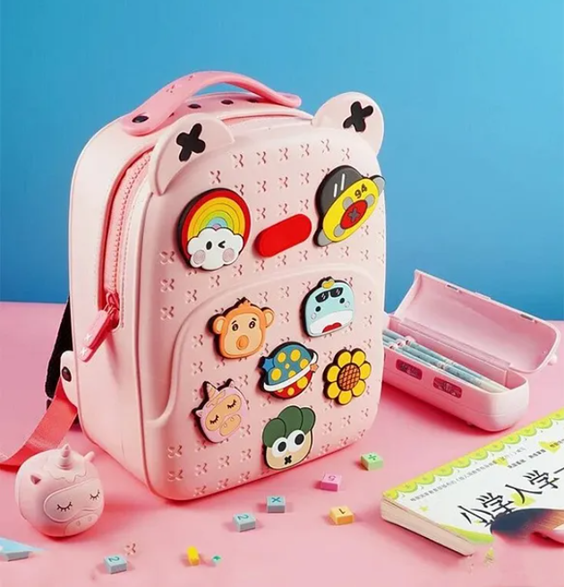Backpack Kawaii Pinky Pink Backpack With DIY Pattern Patch Adjustable Straps Bag Premium Modern Design Bags - (Pink, Height - 14 Inch)