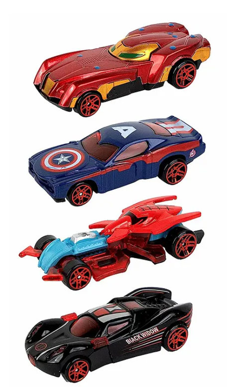 Super Hero Theme Mini Metal Die-Cast Car Set For Kids And Toddlers Free Wheel Speed Racing Car 4 Pieces Multicolor