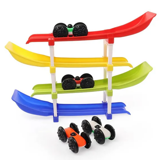 Ramp Racing Car Toy For Kids Four-Level Track Racing Car Toy With 4 Cars And 4 Ramps Multicolor