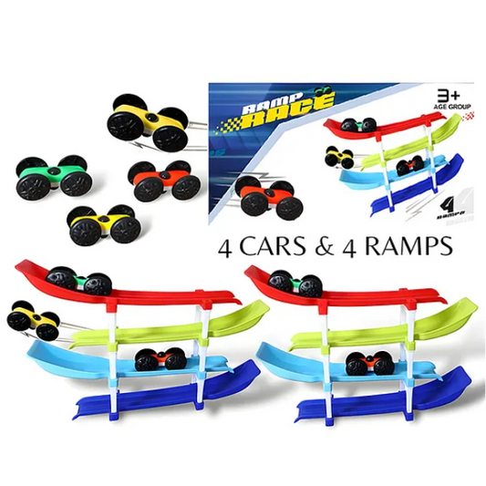 Ramp Racing Car Toy For Kids Four-Level Track Racing Car Toy With 4 Cars And 4 Ramps Multicolor