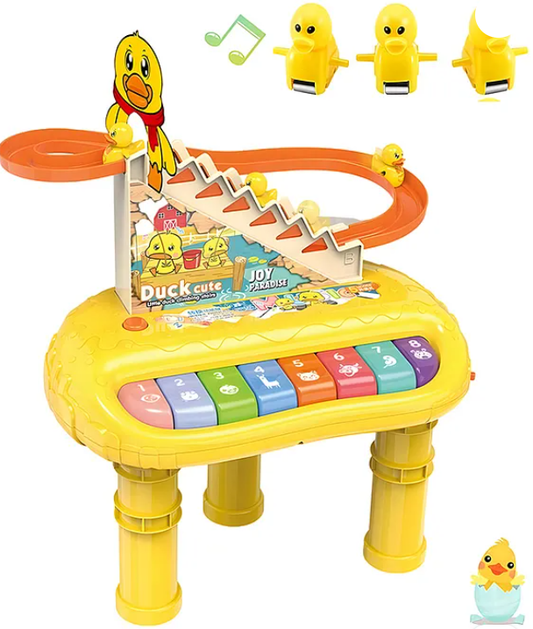 Musical Toys 2 In 1 Cute Duck Climbing Stairs With Piano Lights And Music Toys For Kids Musical Duck Track Slide and Climb Stairs Toys With 3 Ducks - Multicolor